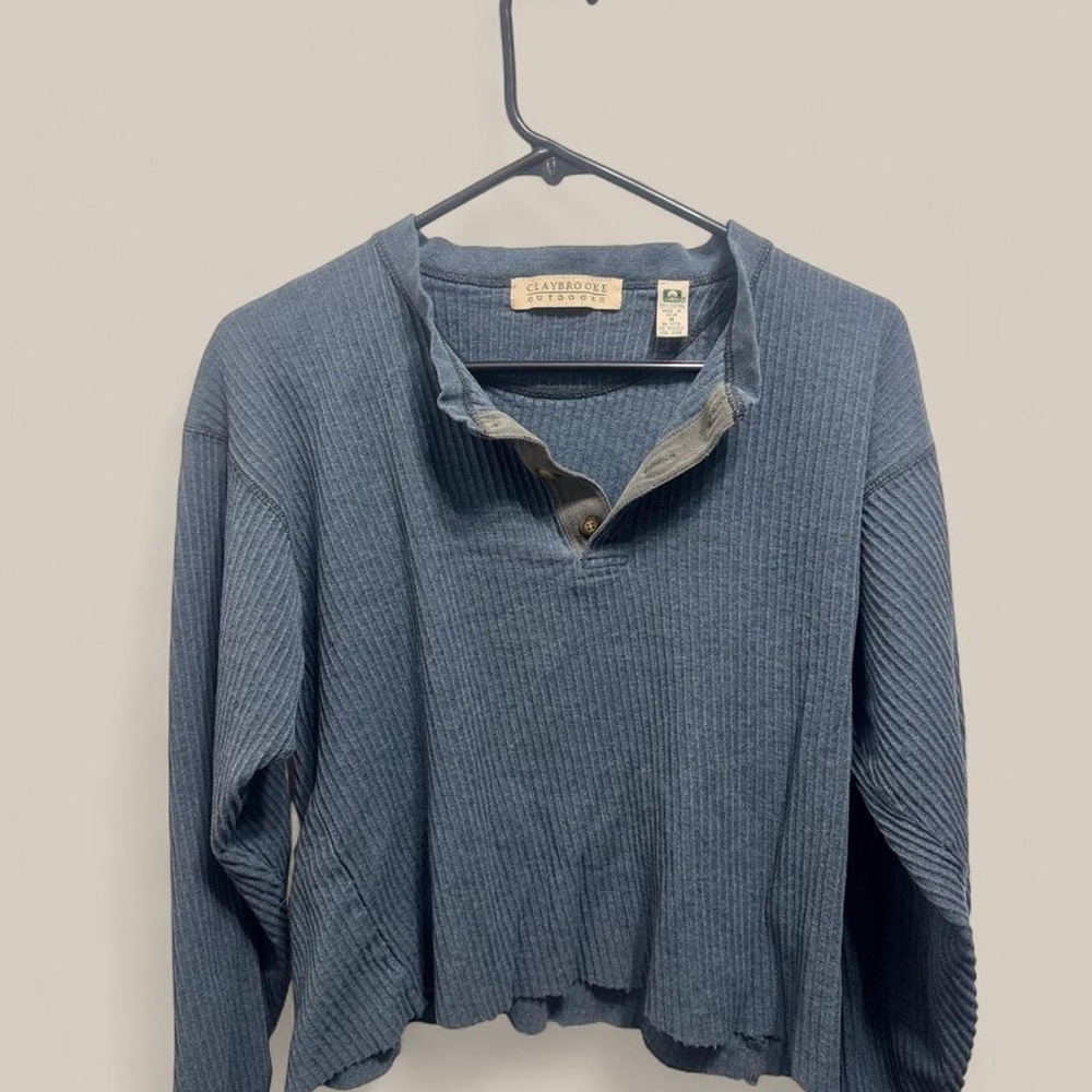 Claybrooke Outdoors Blue Ribbed Cropped Henley Long Sleeve Top Medium Grunge
